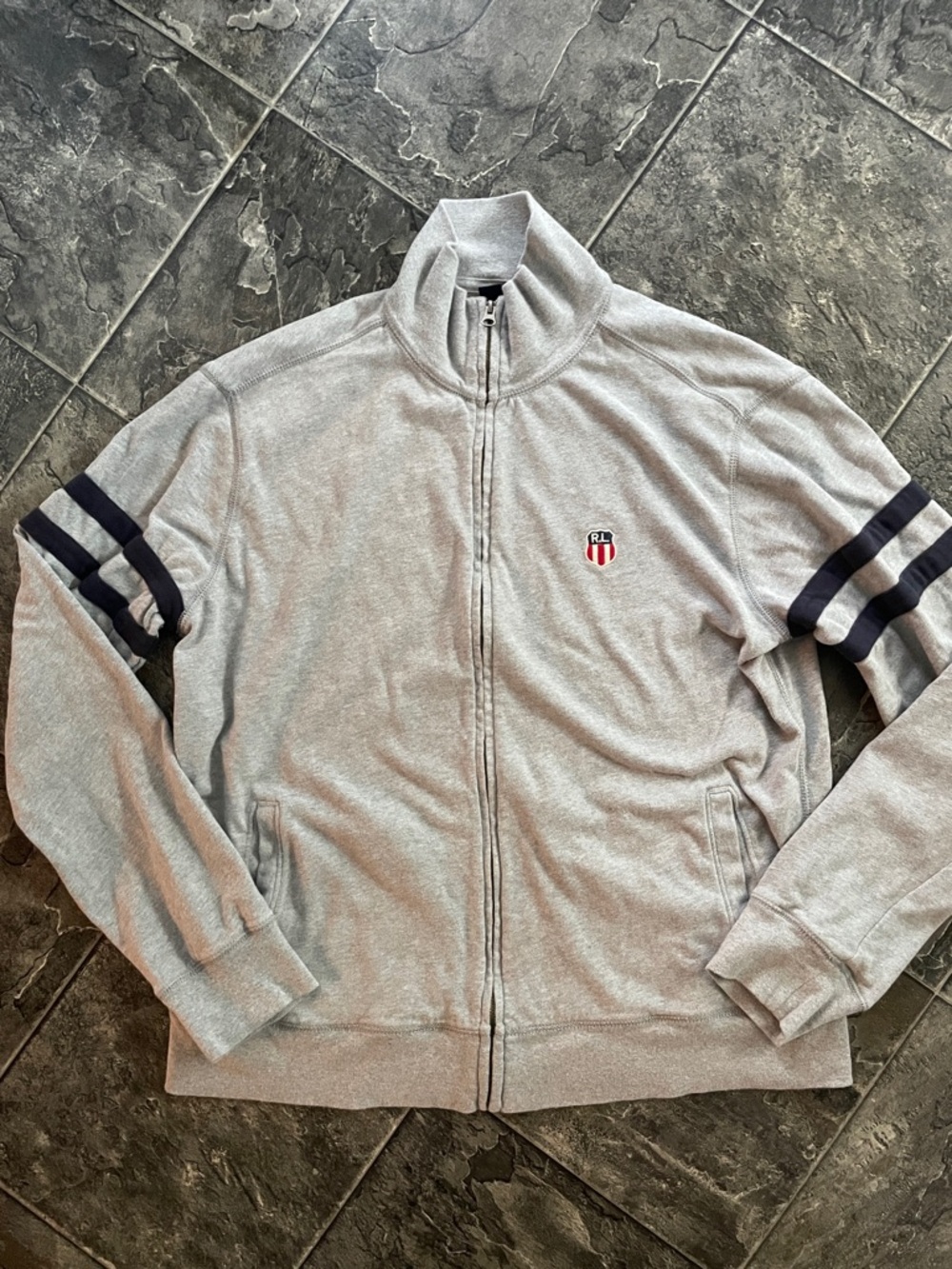 RALPH LAUREN Vintage Zip-Up Sweater with Preppy Retro Navy Sleeve Stripes & Logo